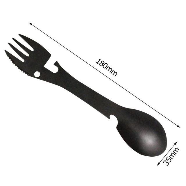 Camping All-In-One Tool Cooking Utensil Spork, Fork, Spoon, Knife, Can Opener, Bottle Opener